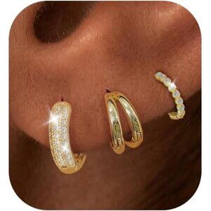 3PCS Gold Hoop Huggie Earrings Set | Chunky & Trendy Fashion Hoops
